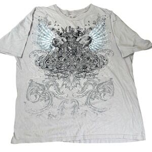 Vintage Y2K Graphic T Shirt Gray Short Sleeve Lion Wings Crown Design‎